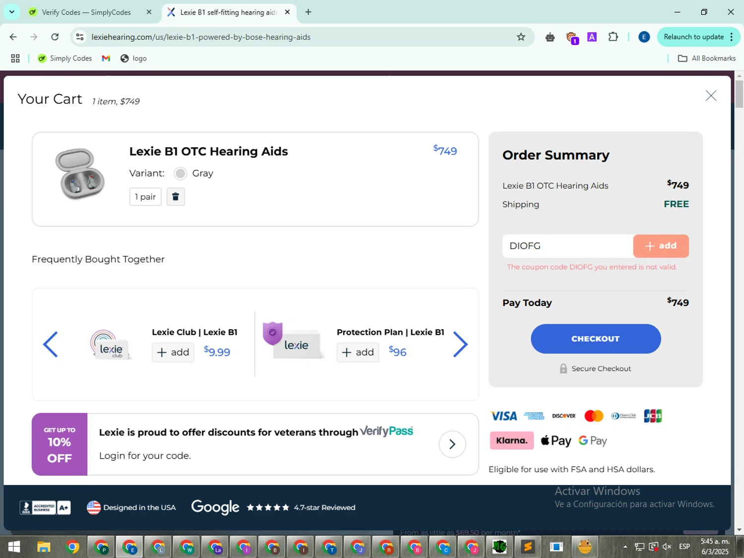 Lexie Hearing promo code screenshot showing code DIOFG applied at Lexie Hearing checkout page. Uploaded by SimplyCodes community member GloriousSentinel2997 on Mar 6, 2025