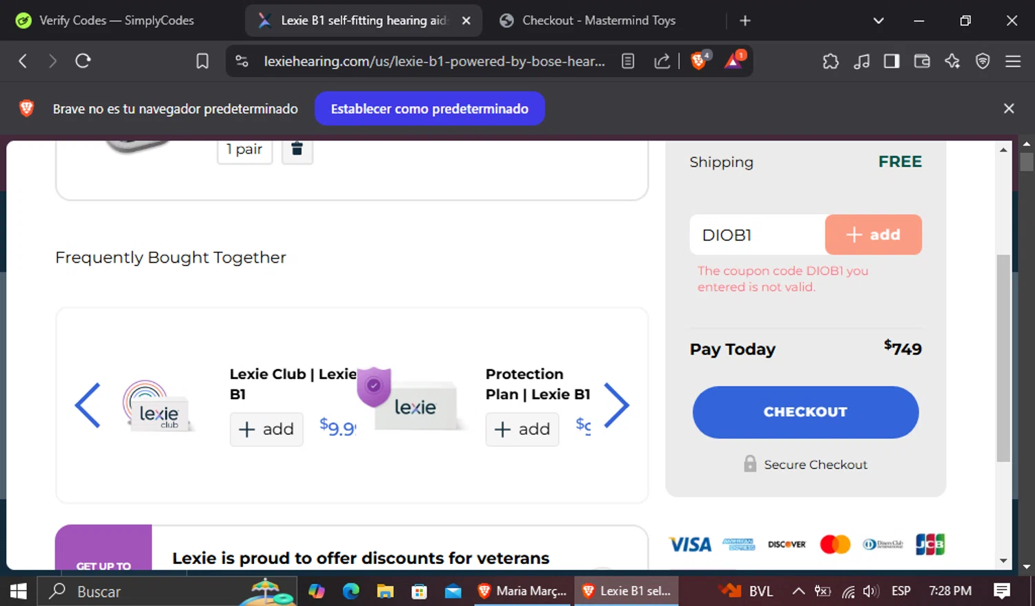 Lexie Hearing promo code screenshot showing code DIOB1 applied at Lexie Hearing checkout page. Uploaded by SimplyCodes community member jairinho on Mar 5, 2025
