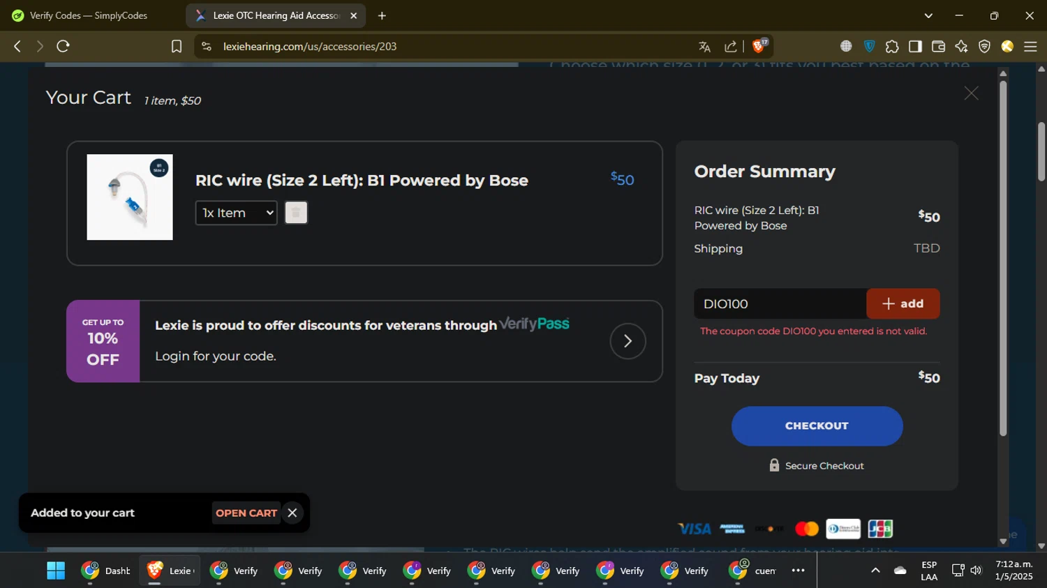 Lexie Hearing promo code screenshot showing code DIO100 applied at Lexie Hearing checkout page. Uploaded by SimplyCodes community member NoblePilot5885 on May 1, 2025