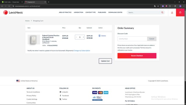 LexisNexis checkout page showing LexisNexis coupon code box | Screenshot taken by SimplyCodes community member on Aug 24, 2025