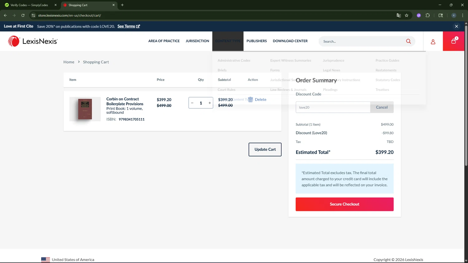 LexisNexis promo code screenshot showing code love20 applied at LexisNexis checkout page. Uploaded by SimplyCodes community member CouponAce2971 on Feb 15, 2026