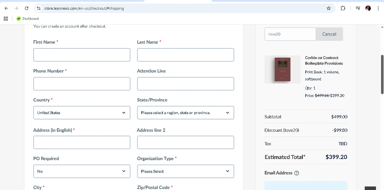 LexisNexis promo code screenshot showing code love20 applied at LexisNexis checkout page. Uploaded by SimplyCodes community member monicacaraballo on Feb 18, 2026