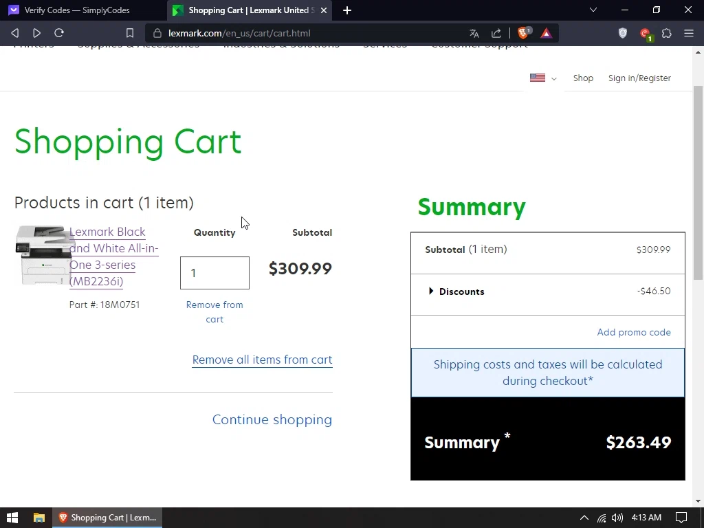 Lexmark checkout page showing Lexmark promo code box | Screenshot taken by SimplyCodes community member on Aug 24, 2023