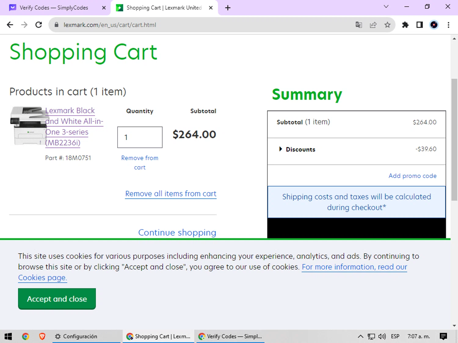 Lexmark checkout page showing Lexmark promo code box | Screenshot taken by SimplyCodes community member on Oct 17, 2023