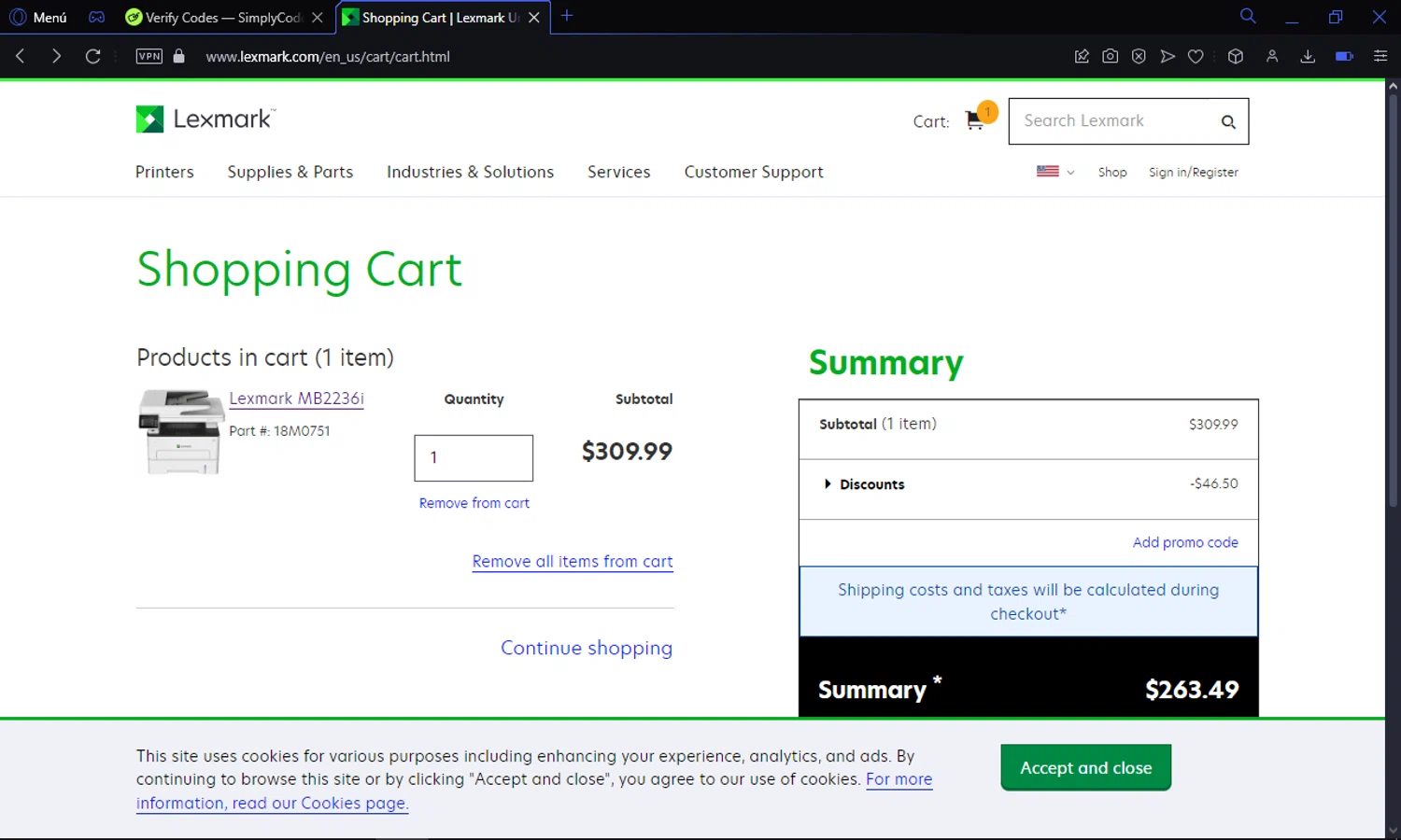 Lexmark checkout page showing Lexmark promo code box | Screenshot taken by SimplyCodes community member on Jan 8, 2025