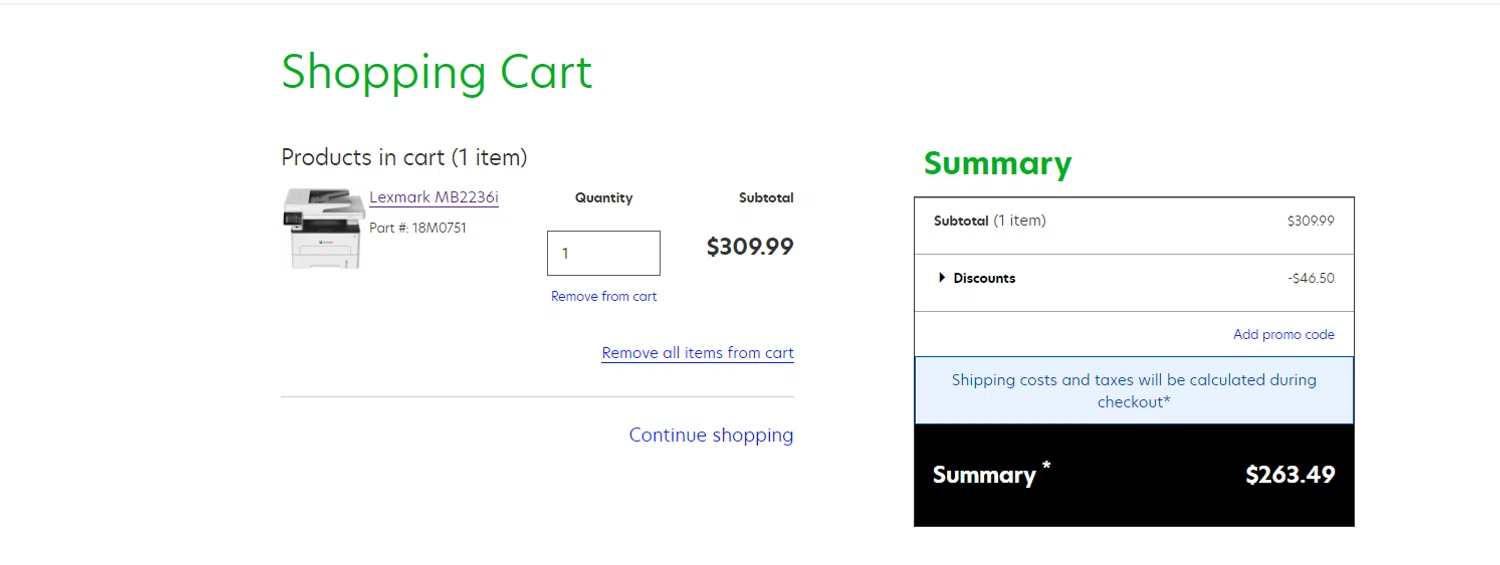 Lexmark checkout page showing Lexmark promo code box | Screenshot taken by SimplyCodes community member on Jan 8, 2025