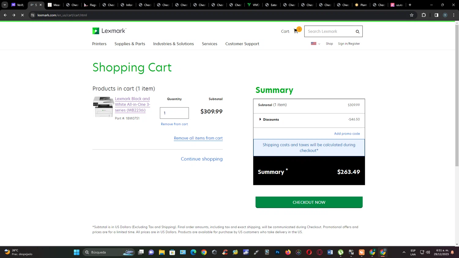 Lexmark checkout page showing Lexmark promo code box | Screenshot taken by SimplyCodes community member on Dec 29, 2023