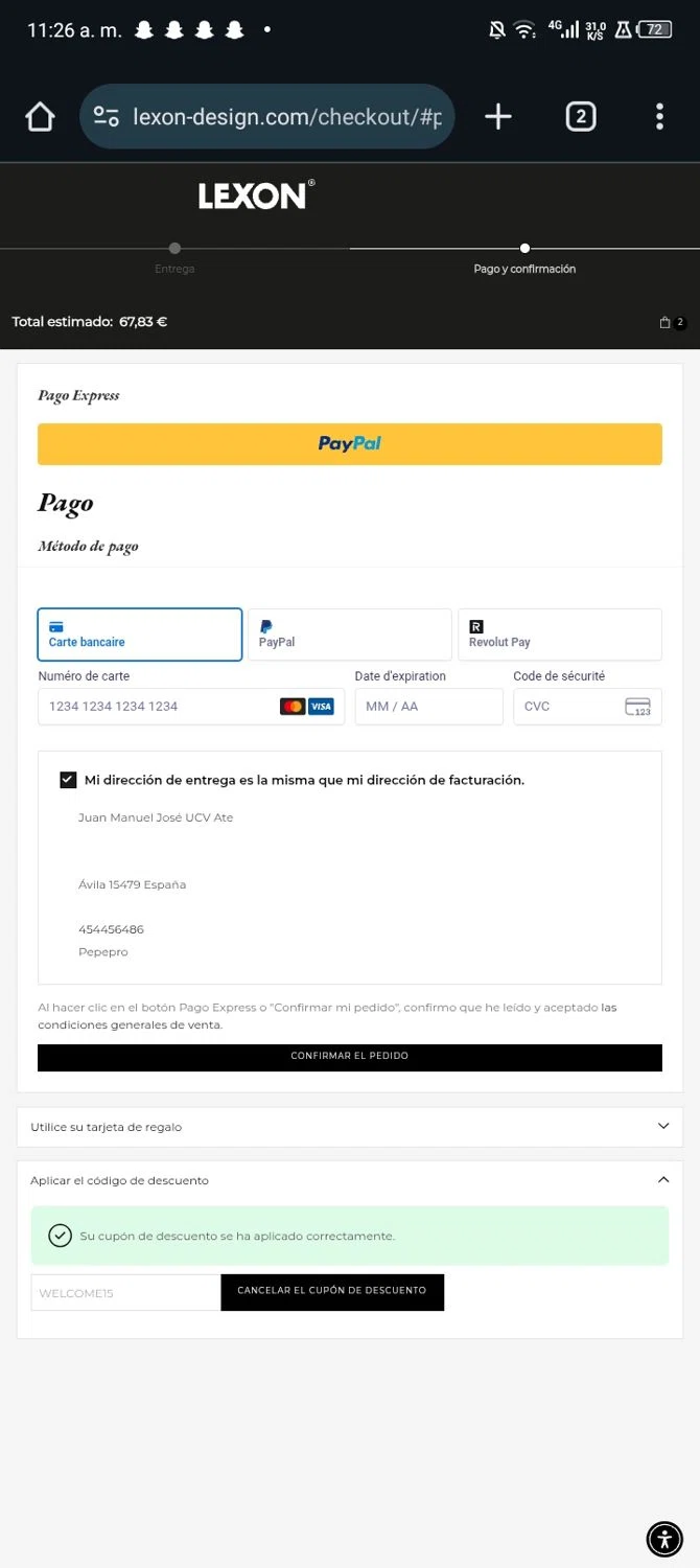 Lexon coupon code screenshot showing code WELCOME15 applied at Lexon checkout page. Uploaded by SimplyCodes community member Nickurtdale on Dec 30, 2025