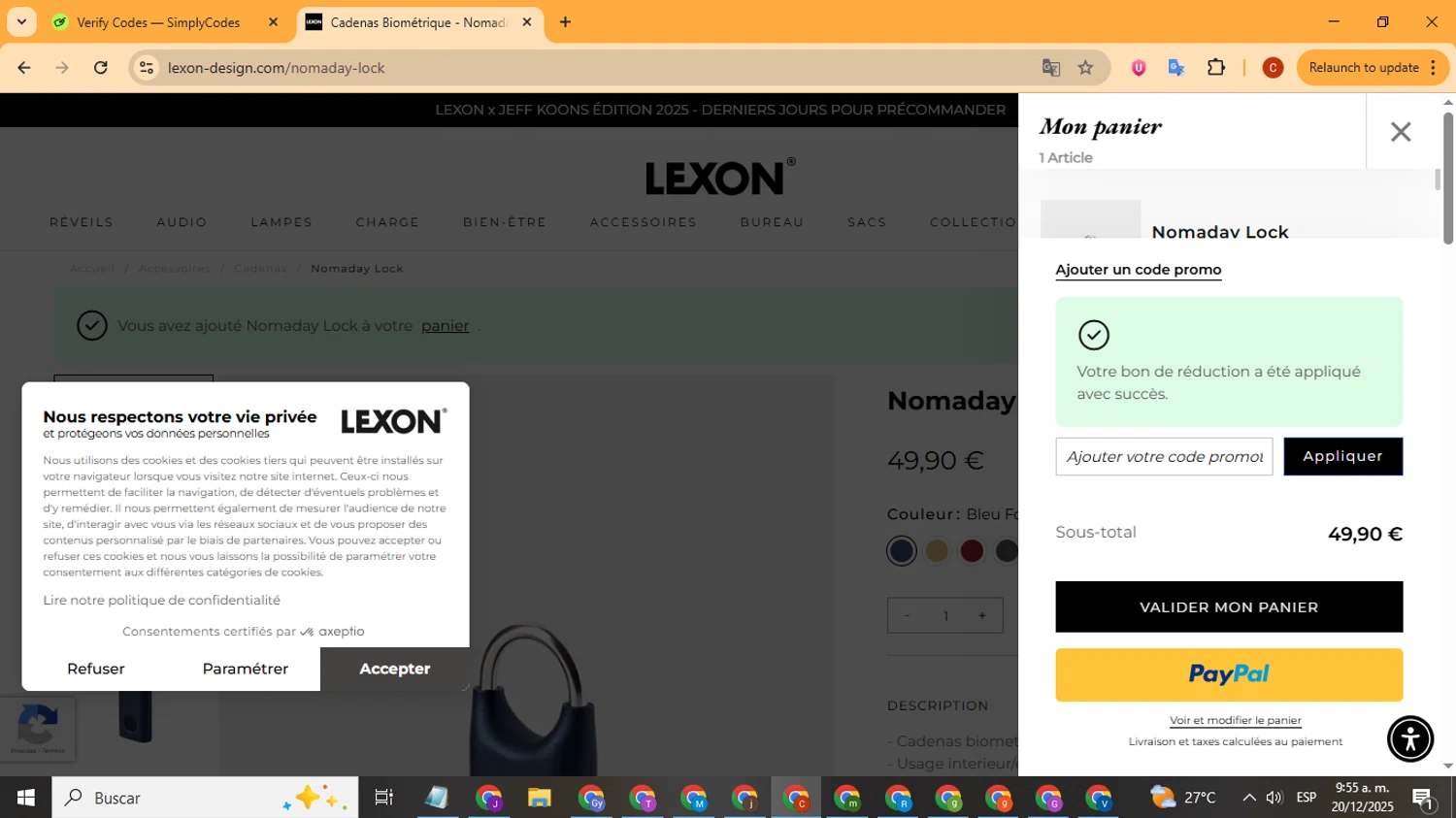 Lexon coupon code screenshot showing code WELCOME15 applied at Lexon checkout page. Uploaded by SimplyCodes community member Playstatiton2 on Dec 20, 2025
