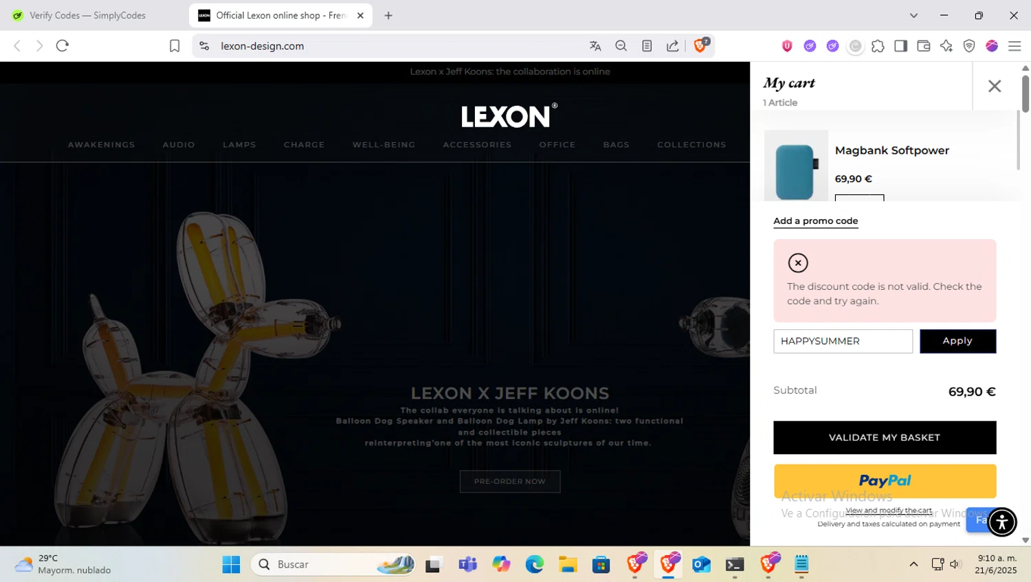 Lexon coupon code screenshot showing code HAPPYSUMMER applied at Lexon checkout page. Uploaded by SimplyCodes community member SapeGato on Jun 21, 2025
