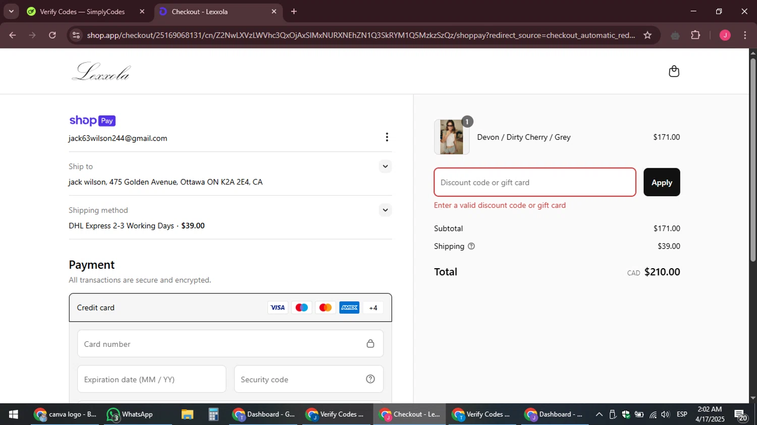 Lexxola discount code screenshot showing code WELCOME applied at Lexxola checkout page. Uploaded by SimplyCodes community member JackWilson63 on Apr 17, 2025