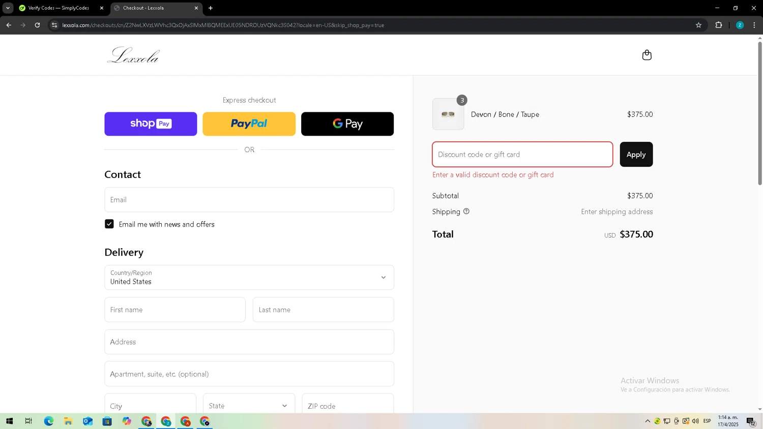 Lexxola discount code screenshot showing code WELCOME applied at Lexxola checkout page. Uploaded by SimplyCodes community member Zxdqui on Apr 17, 2025