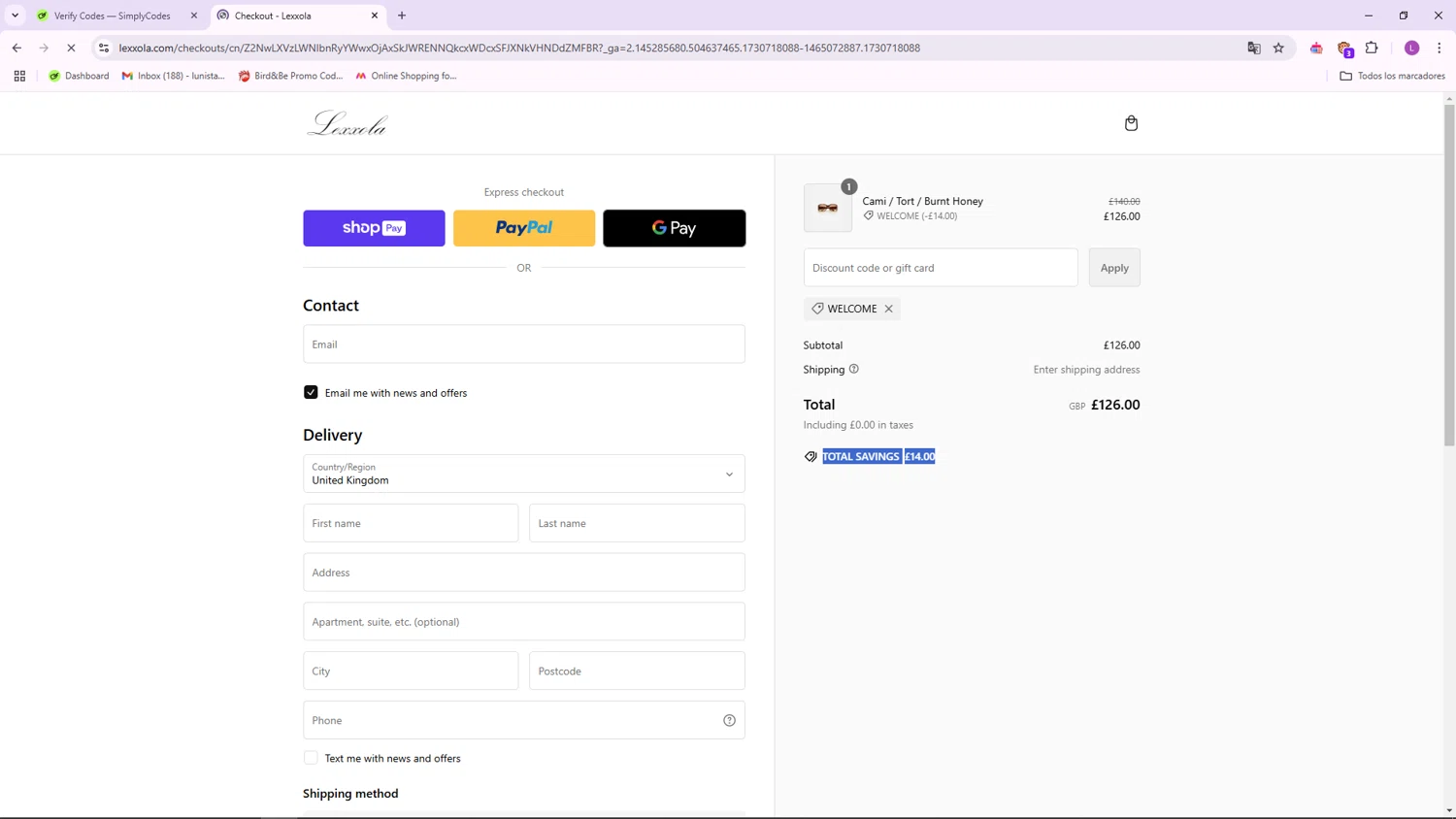 Lexxola checkout page showing Lexxola discount code box | Screenshot taken by SimplyCodes community member on Nov 4, 2024