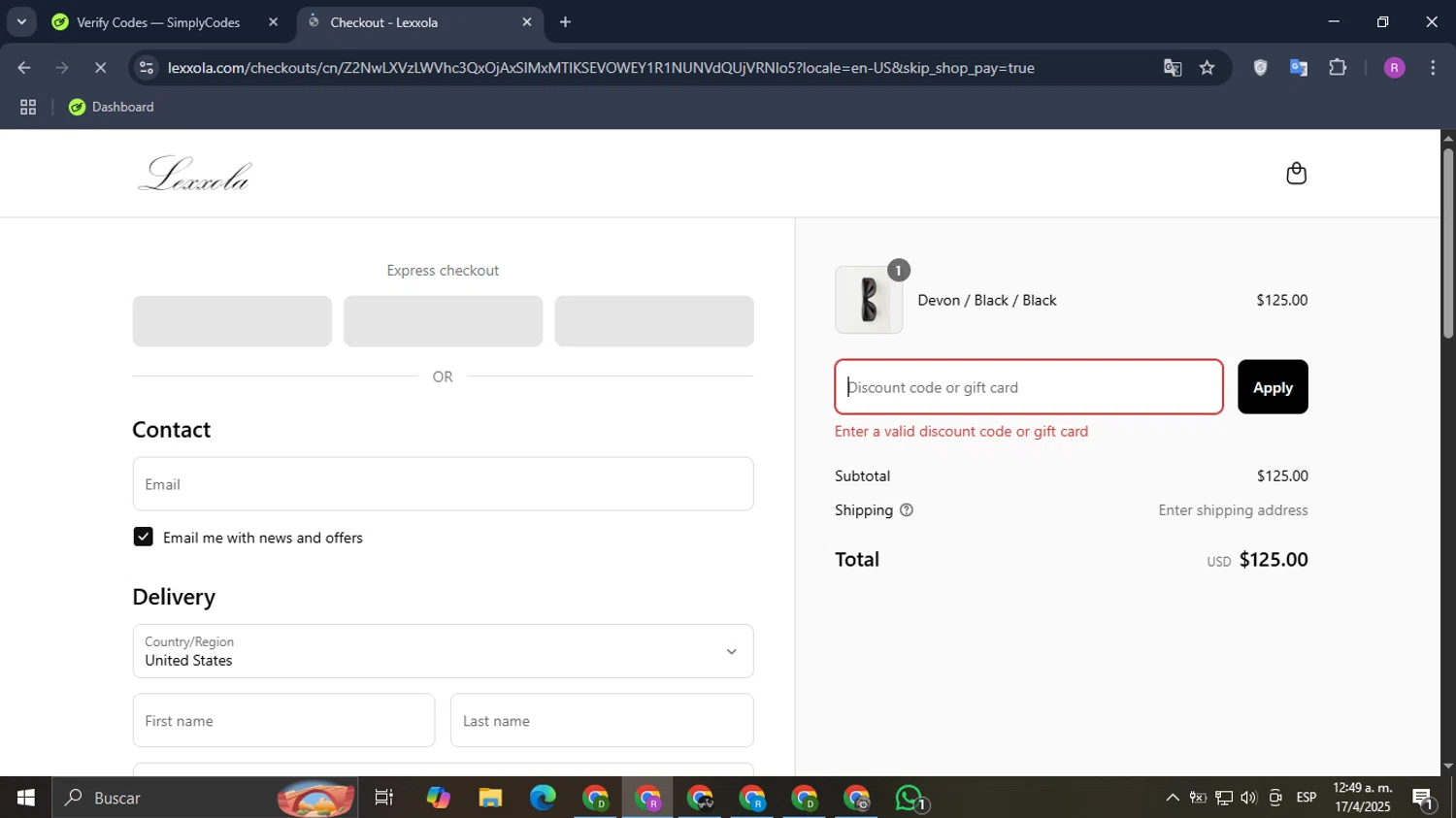 Lexxola discount code screenshot showing code CLUBSMS applied at Lexxola checkout page. Uploaded by SimplyCodes community member Datacodes on Apr 17, 2025