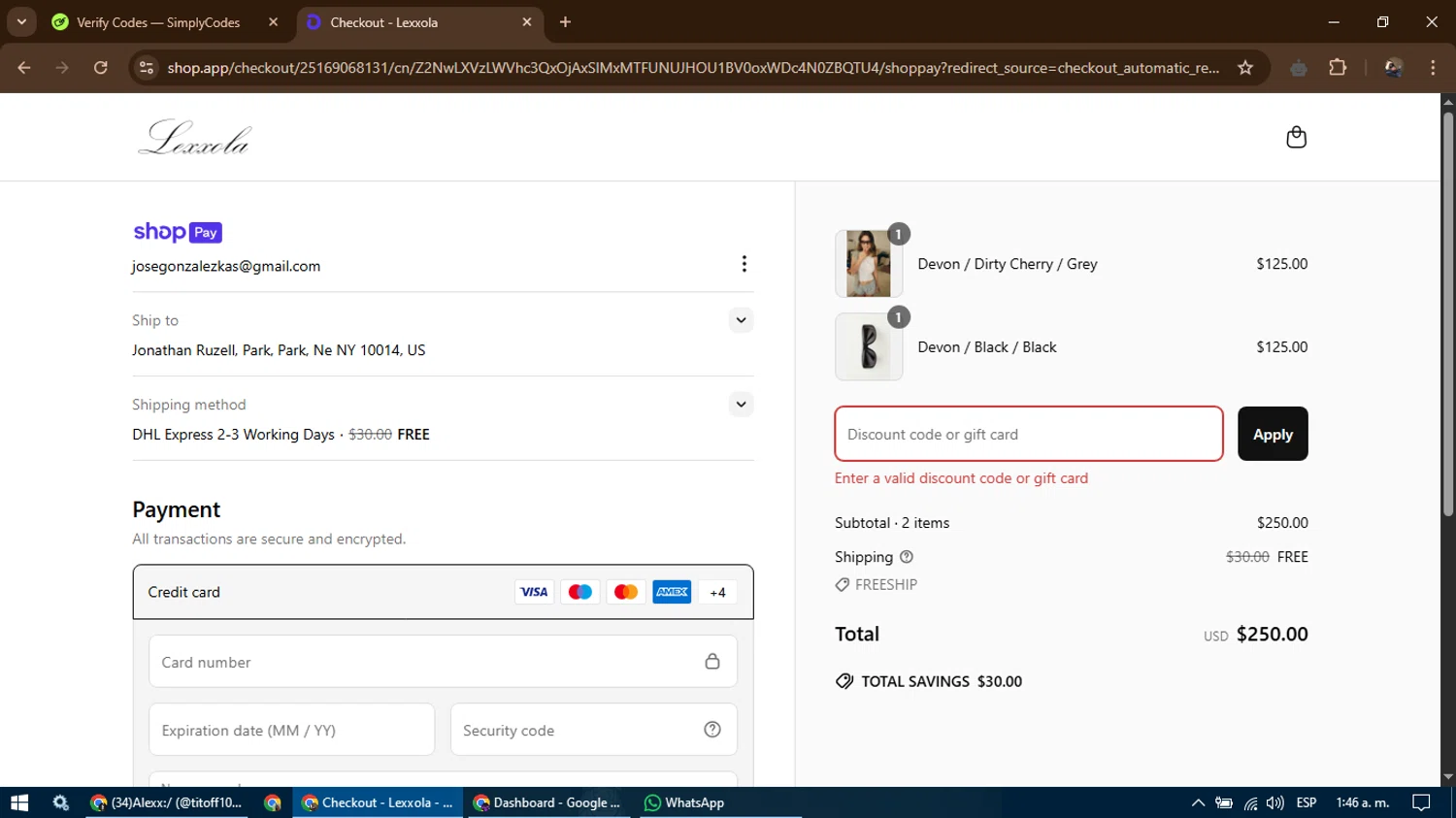 Lexxola discount code screenshot showing code CLUBSMS applied at Lexxola checkout page. Uploaded by SimplyCodes community member CoinScout855 on Apr 17, 2025