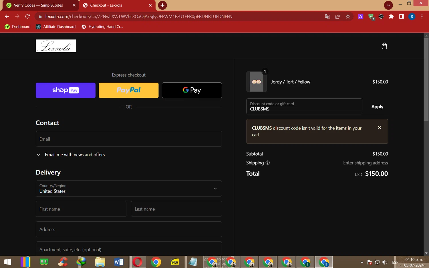 Lexxola checkout page showing Lexxola discount code box | Screenshot taken by SimplyCodes community member on Jul 5, 2024