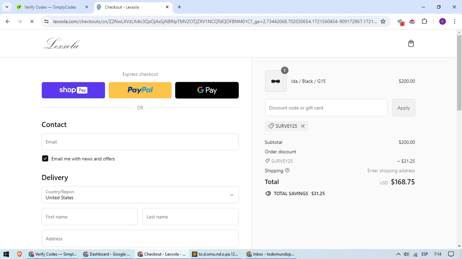 Lexxola checkout page showing Lexxola discount code box | Screenshot taken by SimplyCodes community member on Jul 21, 2024