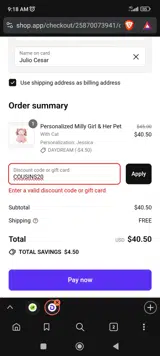 COUSINS20 coupon verification screenshot