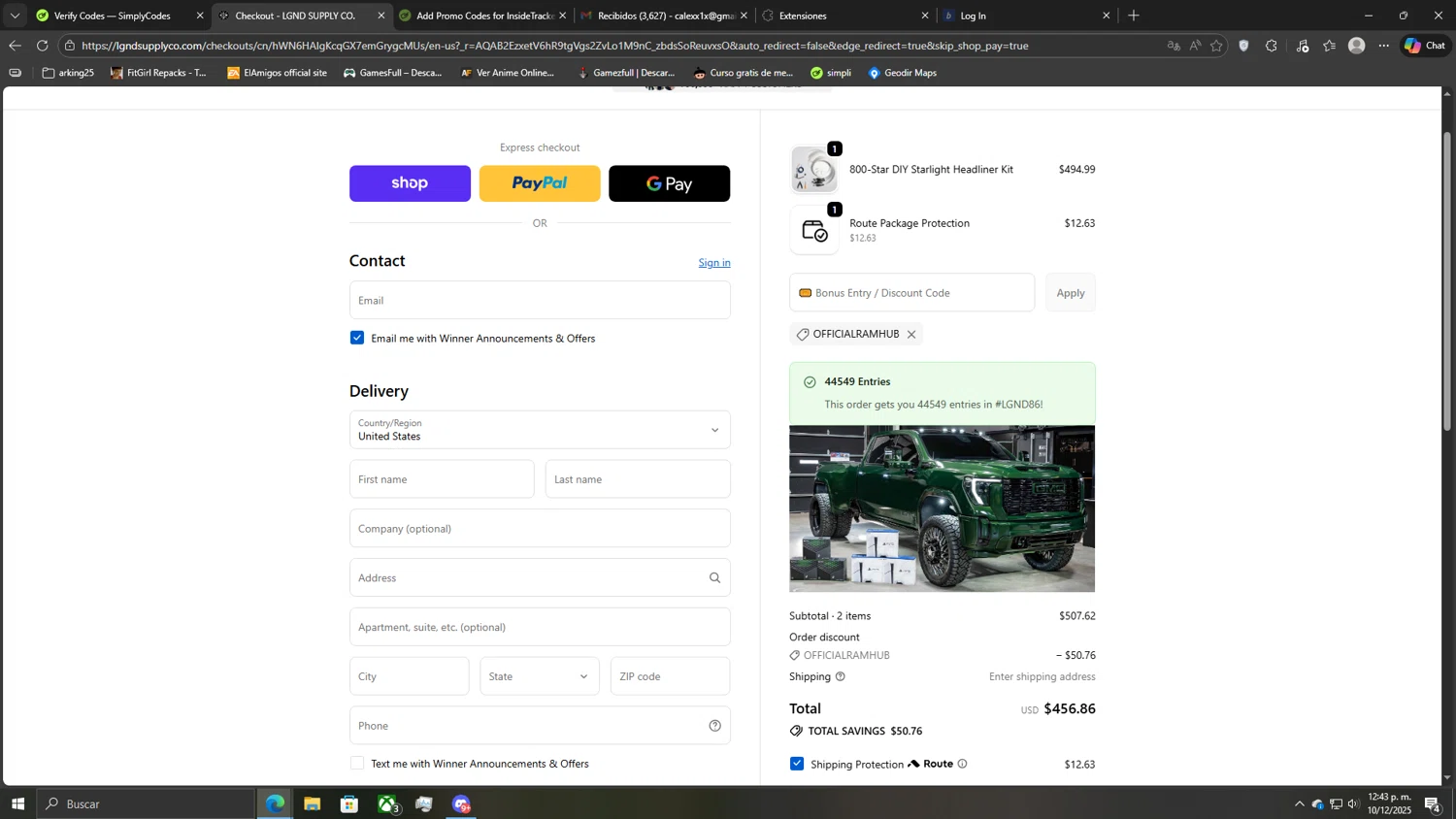 LGND Supply Co. discount code screenshot showing code OFFICIALRAMHUB applied at LGND Supply Co. checkout page. Uploaded by SimplyCodes community member CoinLegend5168 on Dec 10, 2025