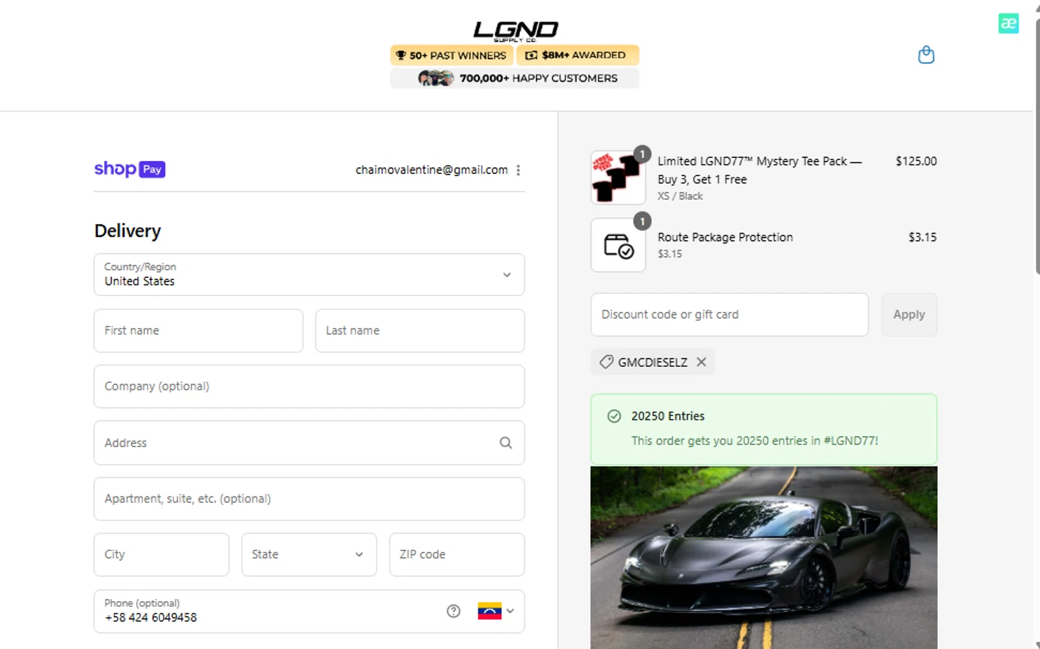 LGND Supply Co. discount code screenshot showing code GMCDIESELZ applied at LGND Supply Co. checkout page. Uploaded by SimplyCodes community member FrugalHunter3134 on Jul 27, 2025