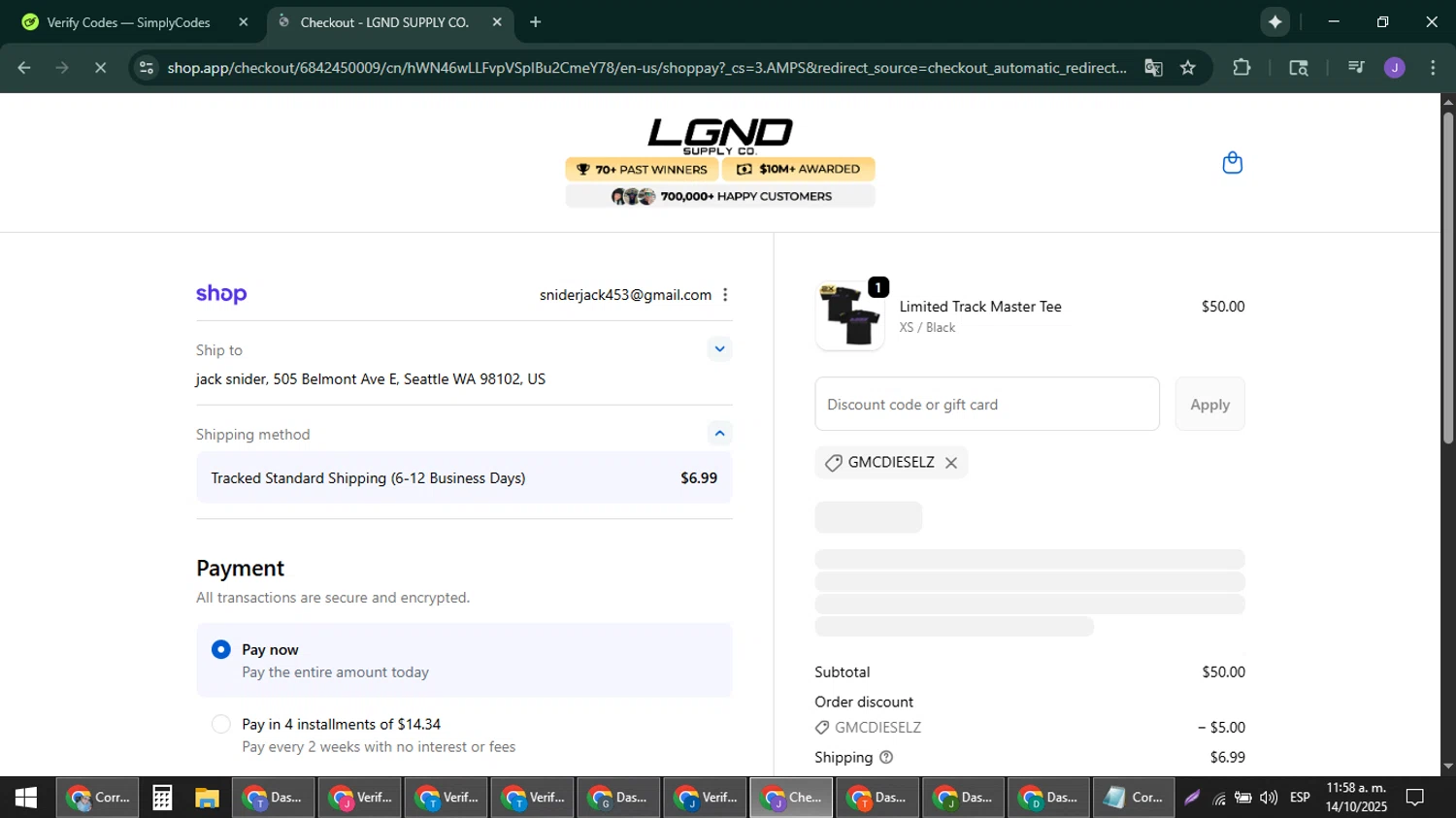 LGND Supply Co. discount code screenshot showing code GMCDIESELZ applied at LGND Supply Co. checkout page. Uploaded by SimplyCodes community member sniderjack453 on Oct 14, 2025