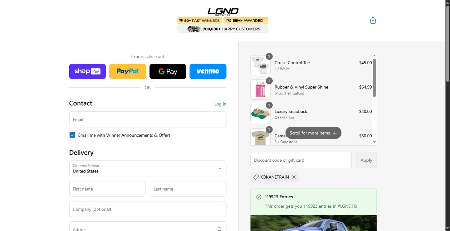LGND Supply Co. discount code screenshot showing code KOKANETRAIN applied at LGND Supply Co. checkout page. Uploaded by SimplyCodes community member DiscountPhoenix427 on Jul 9, 2025