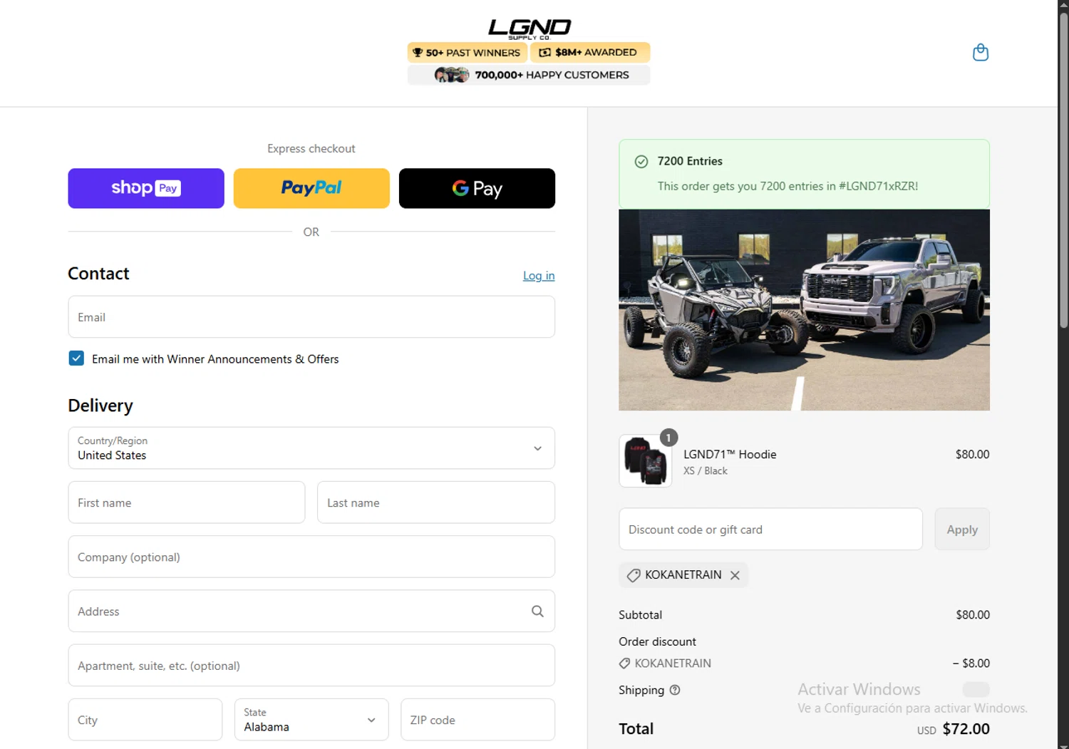 LGND Supply Co. discount code screenshot showing code KOKANETRAIN applied at LGND Supply Co. checkout page. Uploaded by SimplyCodes community member SwiftPhoenix267 on May 3, 2025