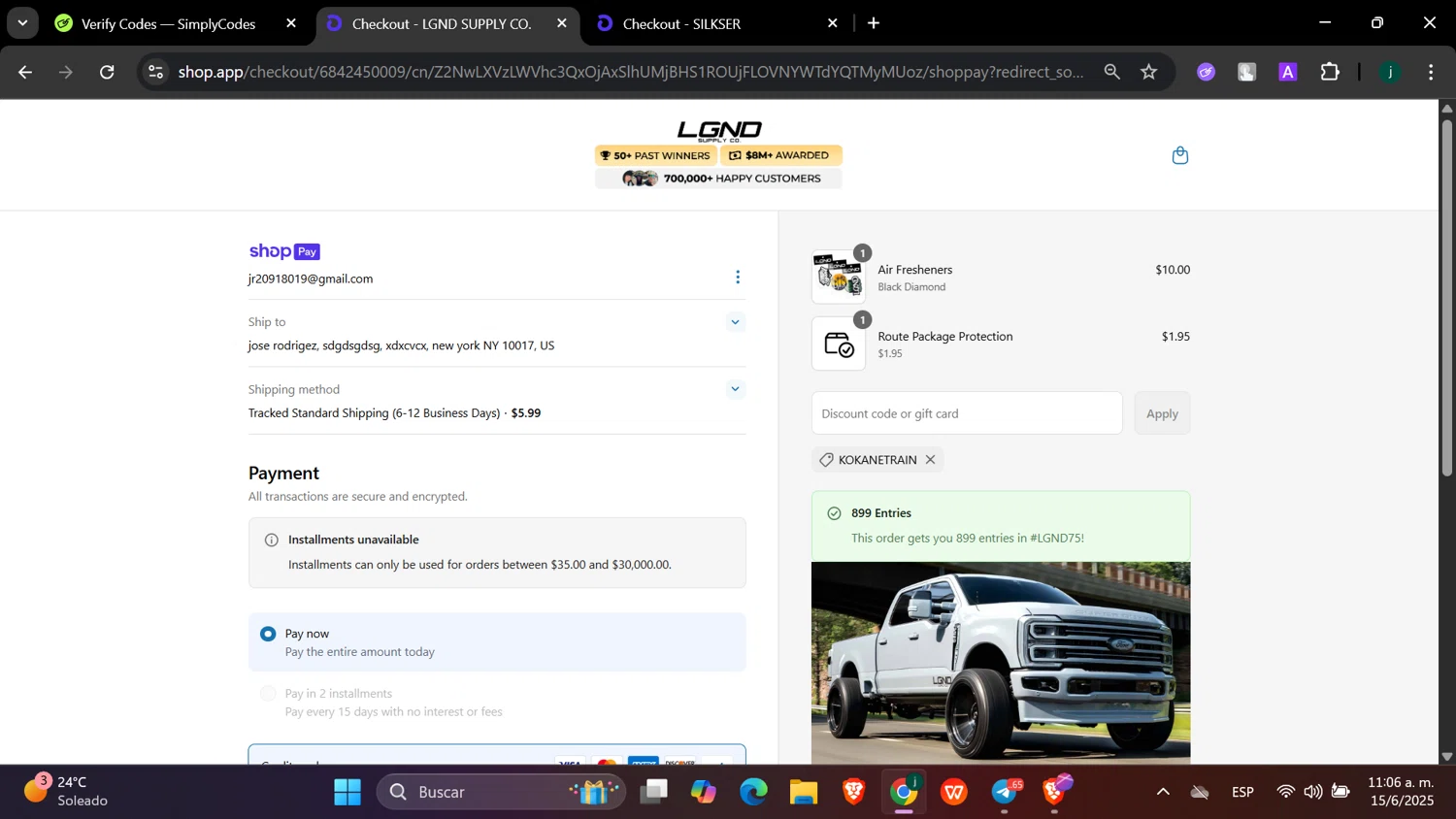 LGND Supply Co. discount code screenshot showing code KOKANETRAIN applied at LGND Supply Co. checkout page. Uploaded by SimplyCodes community member hanzell03 on Jun 15, 2025