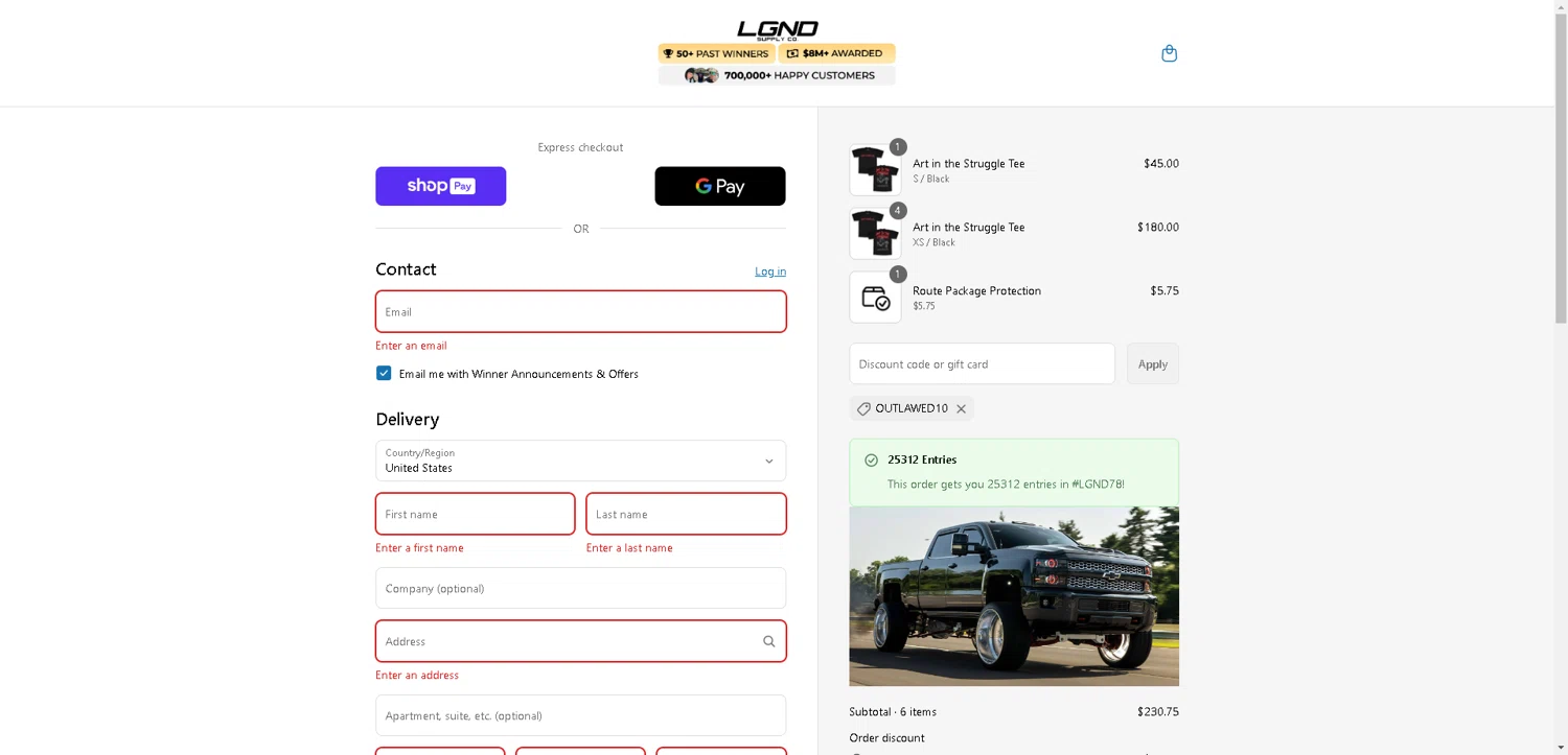 LGND Supply Co. discount code screenshot showing code Outlawed10 applied at LGND Supply Co. checkout page. Uploaded by SimplyCodes community member VictoriousFinder4393 on Aug 9, 2025