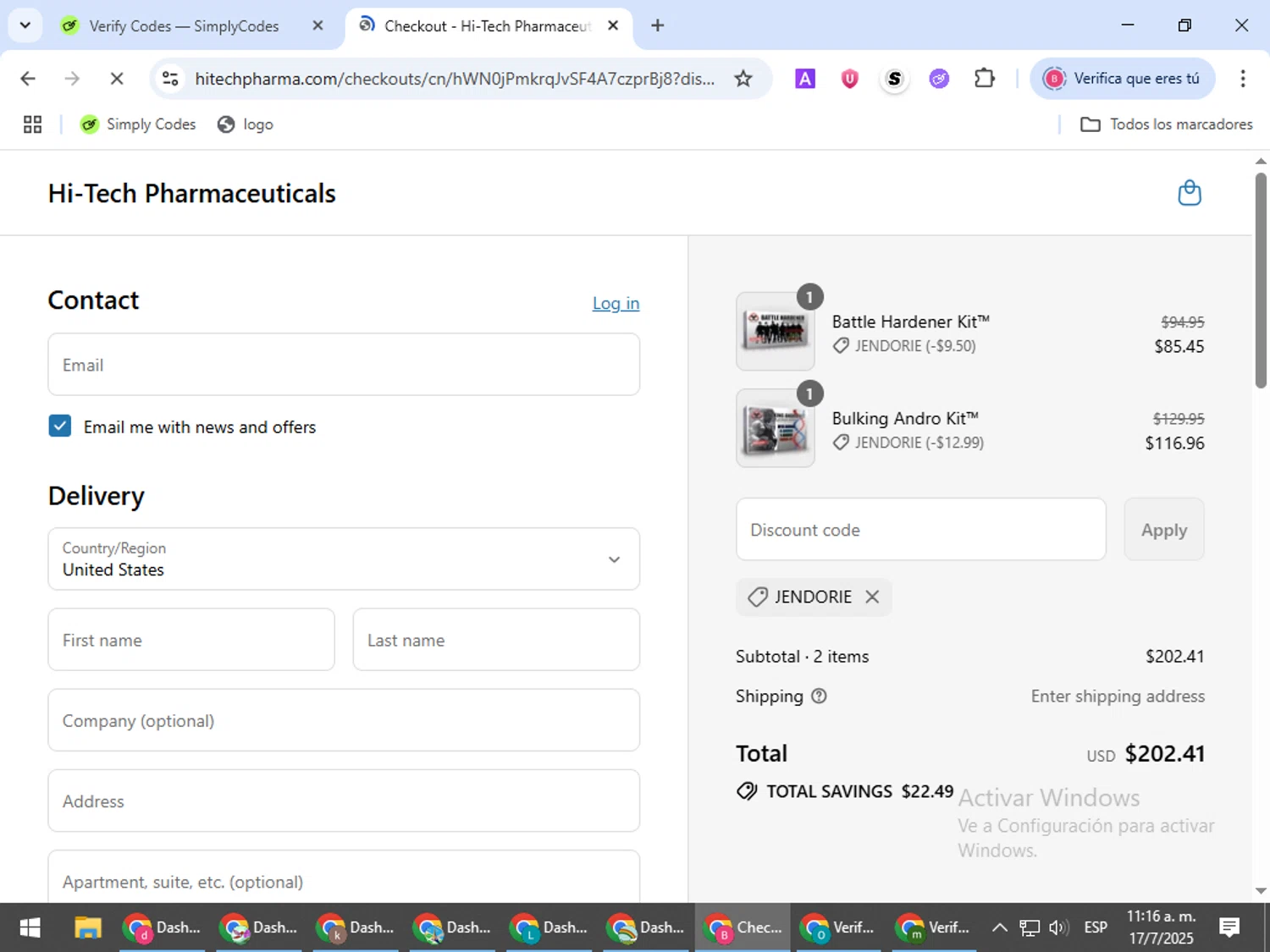 LG Sciences promo code screenshot showing code JENDORIE applied at LG Sciences checkout page. Uploaded by SimplyCodes community member bombontropical on Jul 17, 2025
