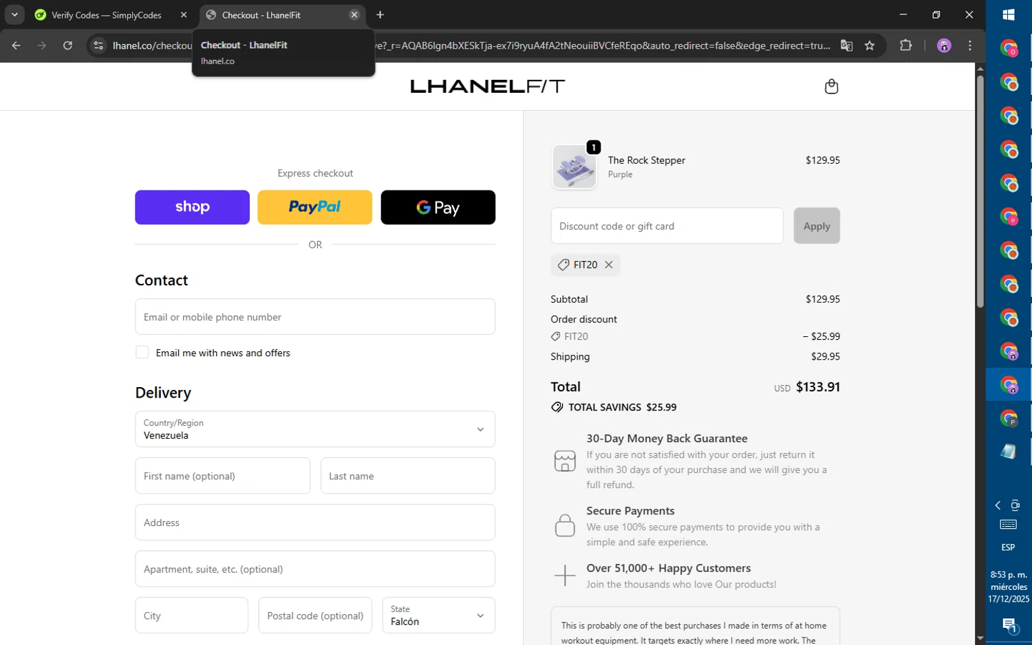 LhanelFit promo code screenshot showing code FIT20 applied at LhanelFit checkout page. Uploaded by SimplyCodes community member ositouno on Dec 18, 2025
