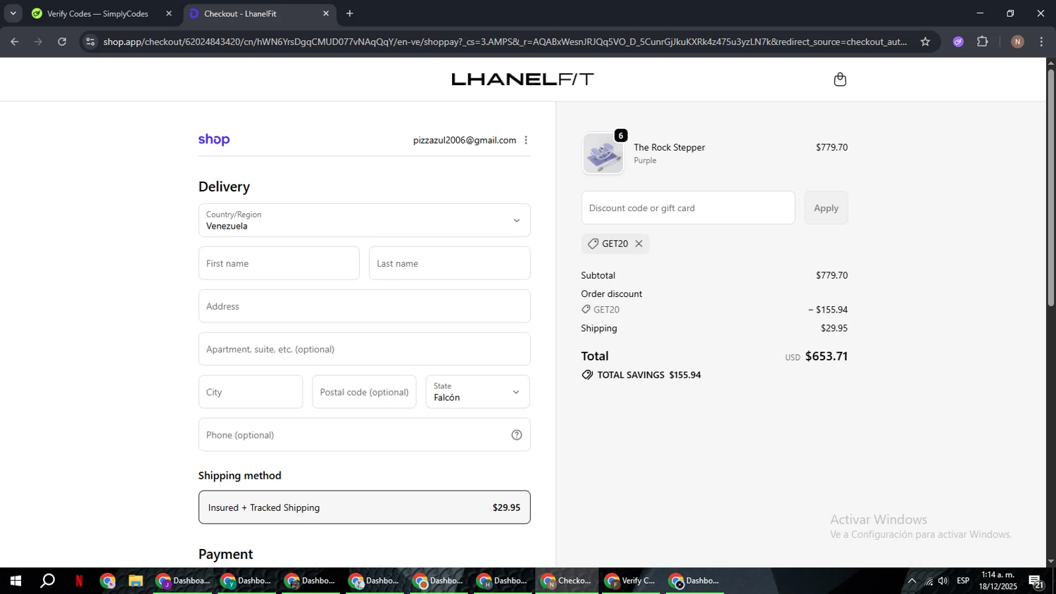 LhanelFit promo code screenshot showing code GET20 applied at LhanelFit checkout page. Uploaded by SimplyCodes community member DiscountPioneer2554 on Dec 18, 2025