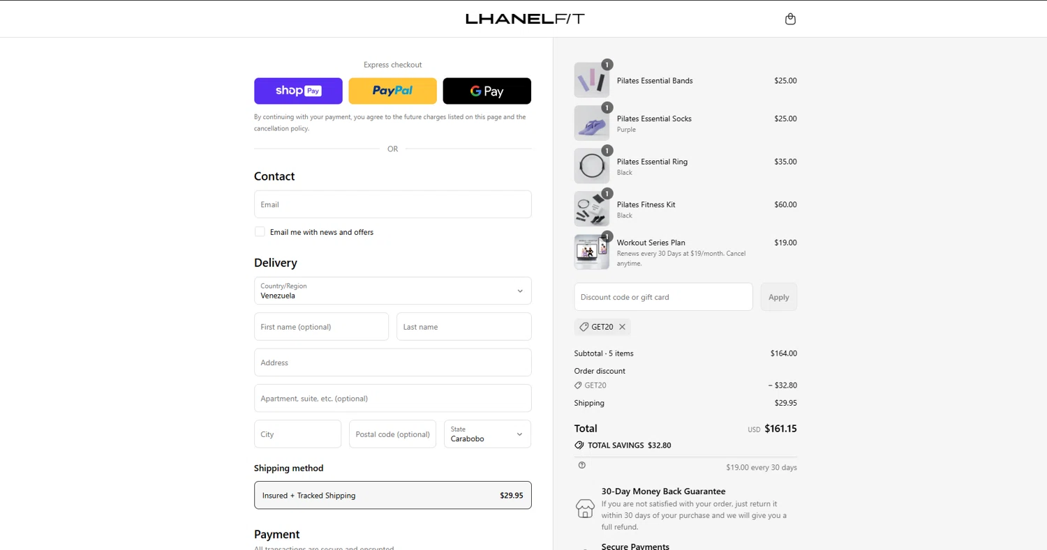 LhanelFit promo code screenshot showing code GET20 applied at LhanelFit checkout page. Uploaded by SimplyCodes community member vctr7w7x on Jul 28, 2025