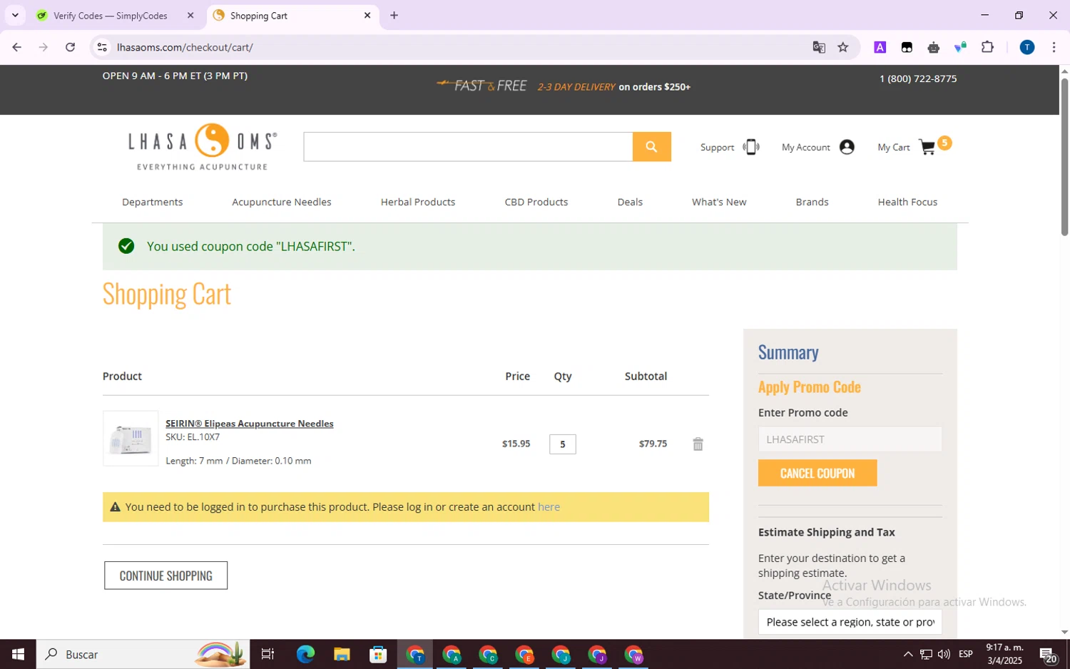 Lhasa OMS promo code screenshot showing code LHASAFIRST applied at Lhasa OMS checkout page. Uploaded by SimplyCodes community member WonderVirtuoso7677 on Apr 3, 2025