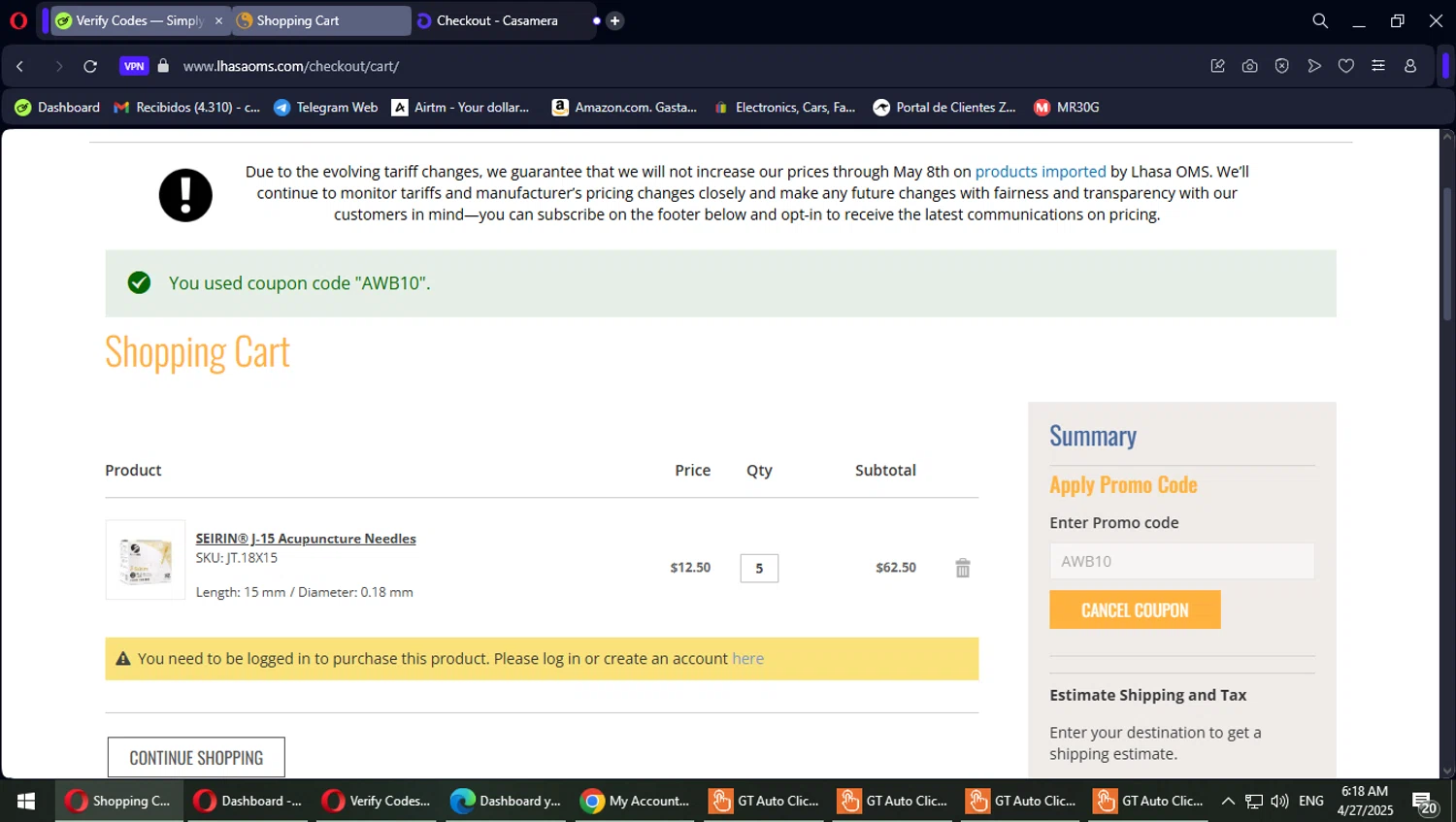 Lhasa OMS promo code screenshot showing code AWB10 applied at Lhasa OMS checkout page. Uploaded by SimplyCodes community member PokeGOAT on Apr 27, 2025