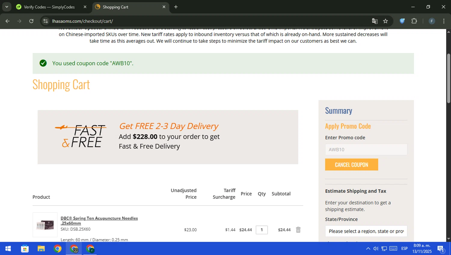 Lhasa OMS promo code screenshot showing code AWB10 applied at Lhasa OMS checkout page. Uploaded by SimplyCodes community member pajarito on Nov 13, 2025