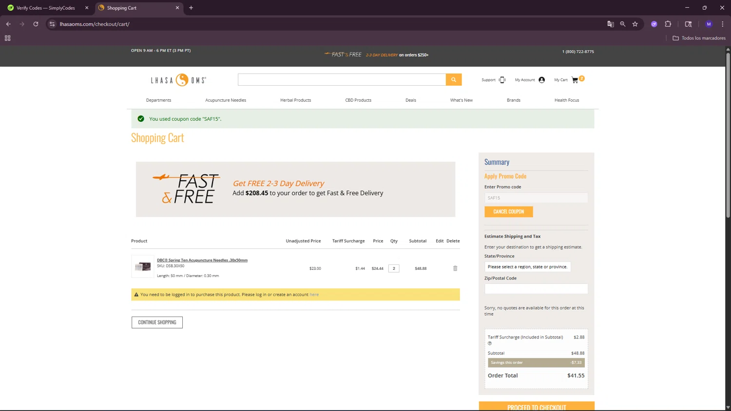 Lhasa OMS checkout page showing Lhasa OMS promo code box | Screenshot taken by SimplyCodes community member on Feb 14, 2026