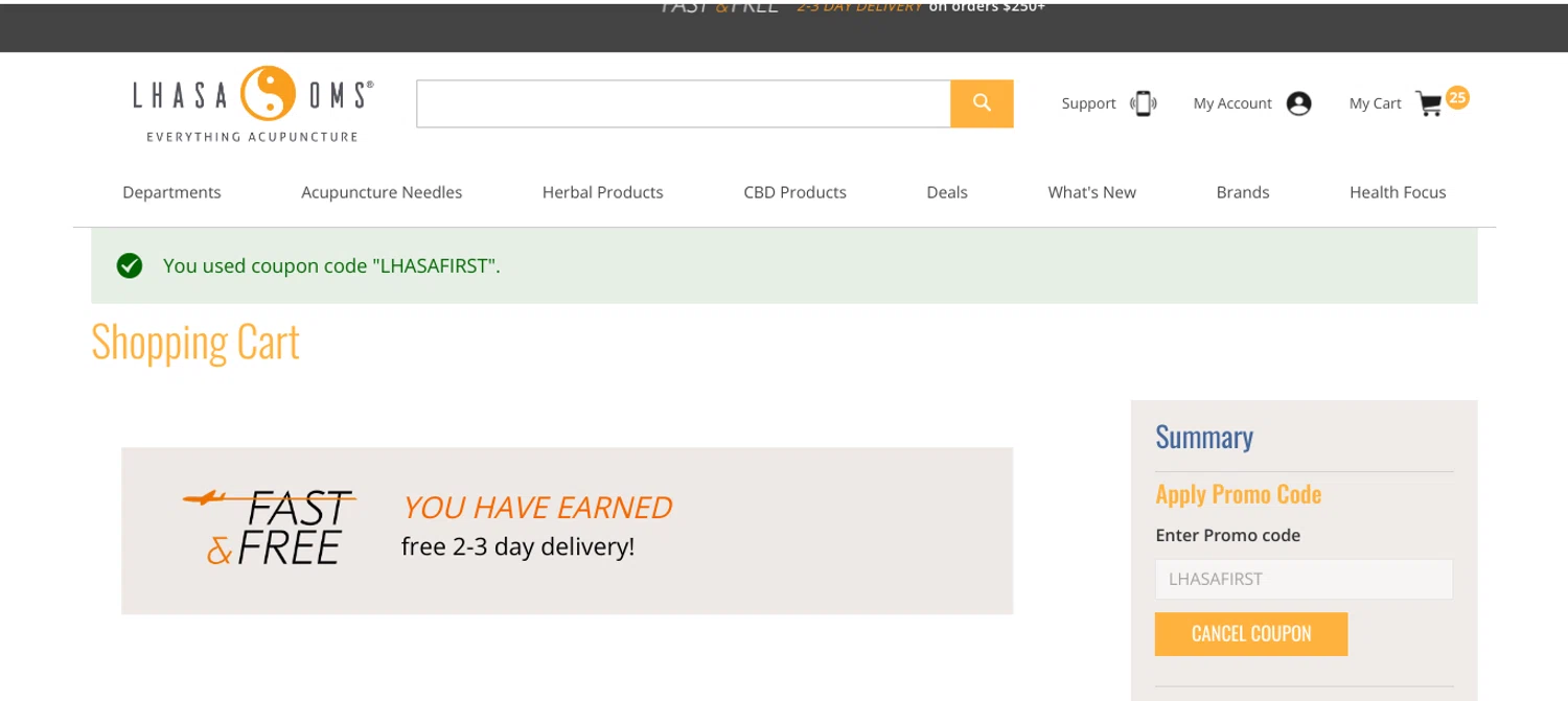 Lhasa OMS promo code screenshot showing code LHASAFIRST applied at Lhasa OMS checkout page. Uploaded by SimplyCodes community member Elosox1 on Apr 3, 2025