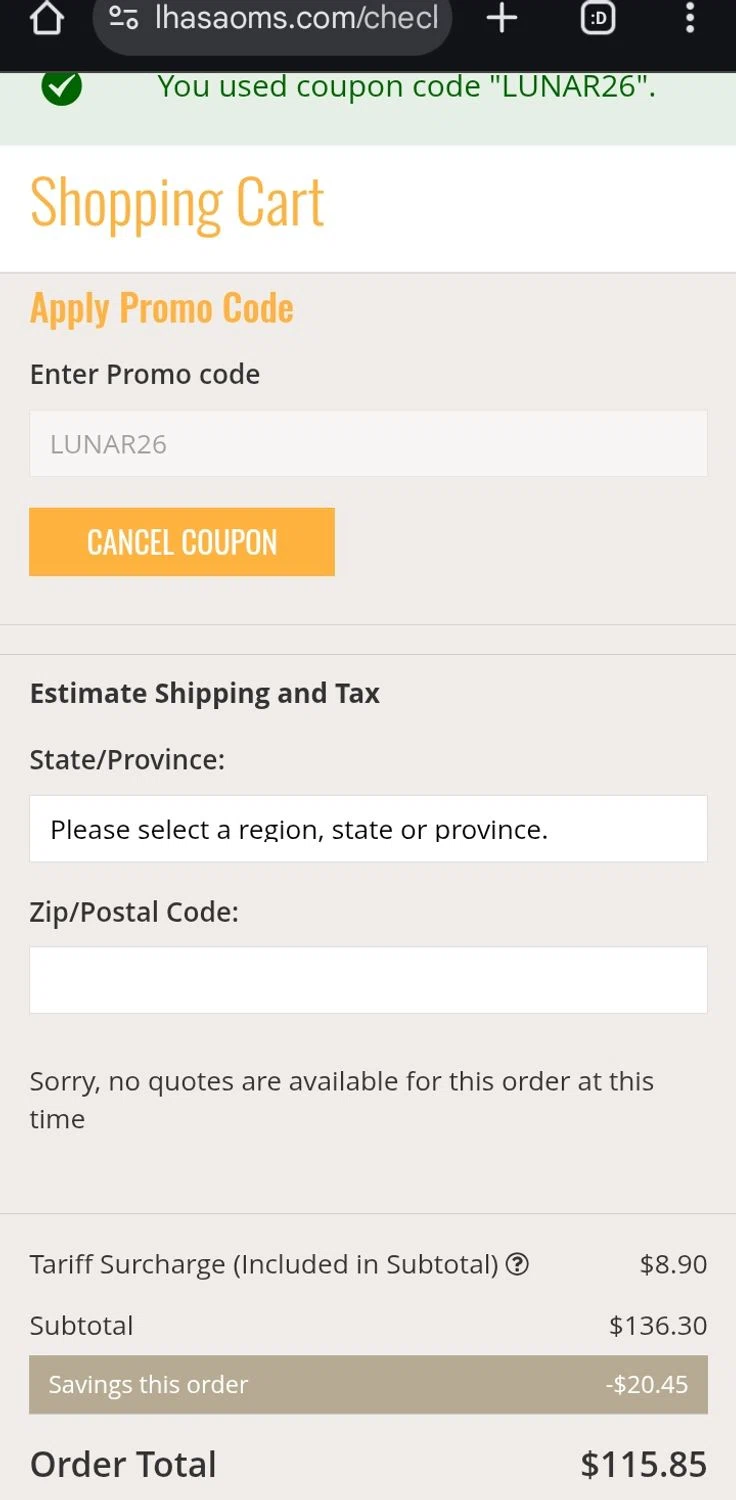 Lhasa OMS promo code screenshot showing code LUNAR26 applied at Lhasa OMS checkout page. Uploaded by SimplyCodes community member ValiantCurator3344 on Feb 16, 2026