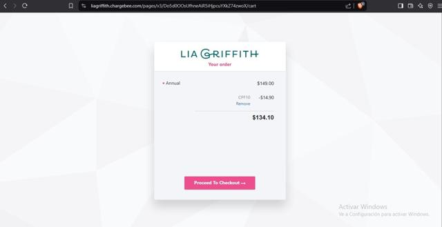 Lia Griffith checkout page showing Lia Griffith coupon code box | Screenshot taken by SimplyCodes community member on Mar 4, 2025