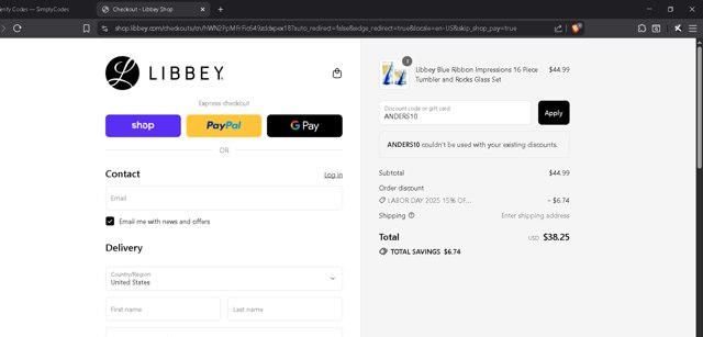 Libbey checkout page showing Libbey promo code box | Screenshot taken by SimplyCodes community member on Aug 31, 2025