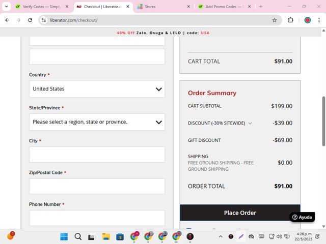 Liberator checkout page showing Liberator promo code box | Screenshot taken by SimplyCodes community member on May 22, 2025