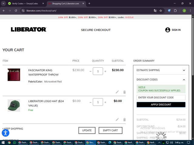 Liberator checkout page showing Liberator promo code box | Screenshot taken by SimplyCodes community member on Jun 19, 2025