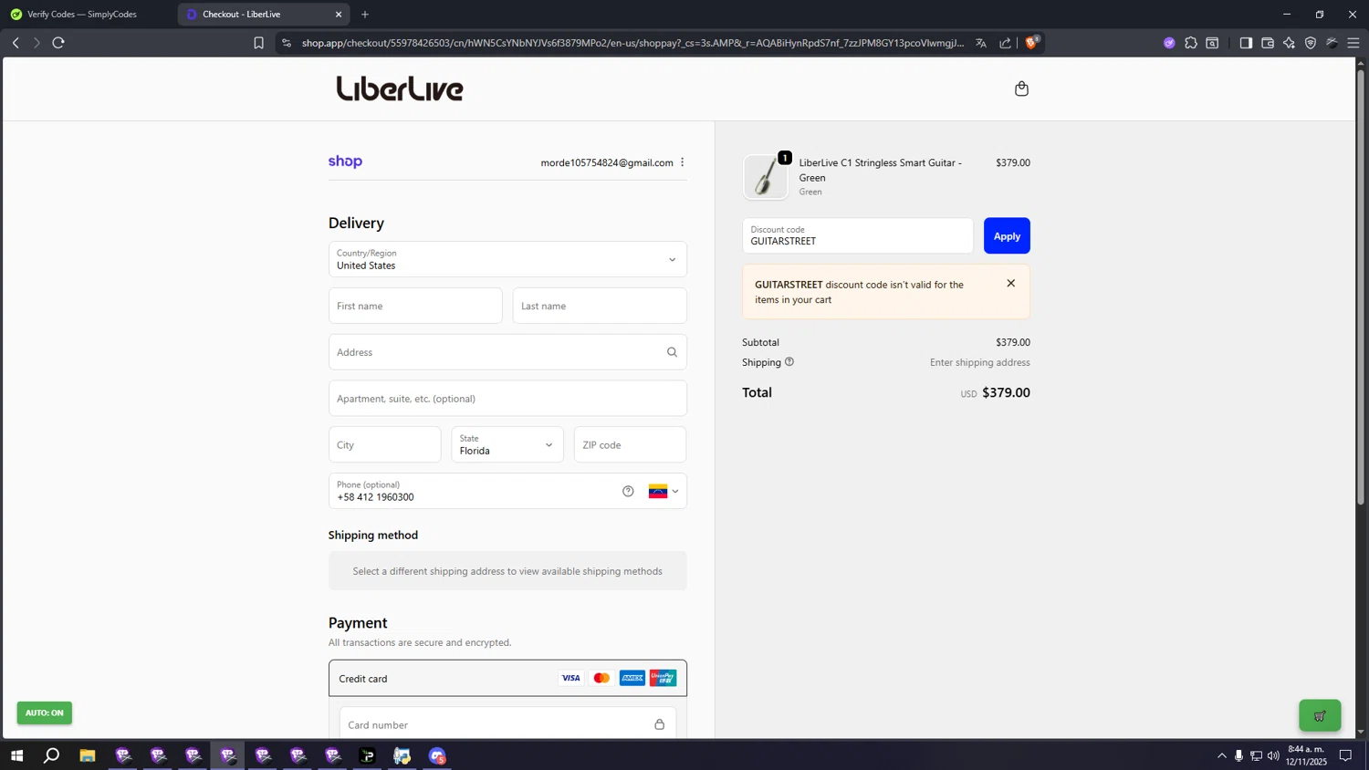 LiberLive discount code screenshot showing code GUITARSTREET applied at LiberLive checkout page. Uploaded by SimplyCodes community member qqqqqqqqqqqqq on Nov 12, 2025