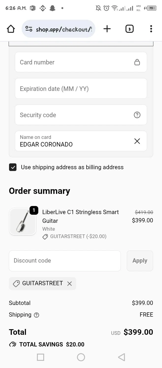 LiberLive discount code screenshot showing code GUITARSTREET applied at LiberLive checkout page. Uploaded by SimplyCodes community member tumiedo on Oct 14, 2025