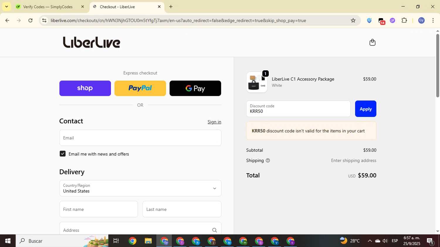 LiberLive discount code screenshot showing code KRR50 applied at LiberLive checkout page. Uploaded by SimplyCodes community member FrugalOwl962 on Sep 25, 2025