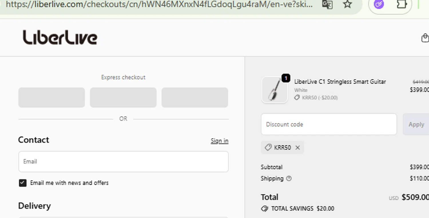 LiberLive discount code screenshot showing code KRR50 applied at LiberLive checkout page. Uploaded by SimplyCodes community member RewardFinder4836 on Oct 14, 2025