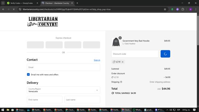Libertarian Country checkout page showing Libertarian Country discount code box | Screenshot taken by SimplyCodes community member on Sep 11, 2025