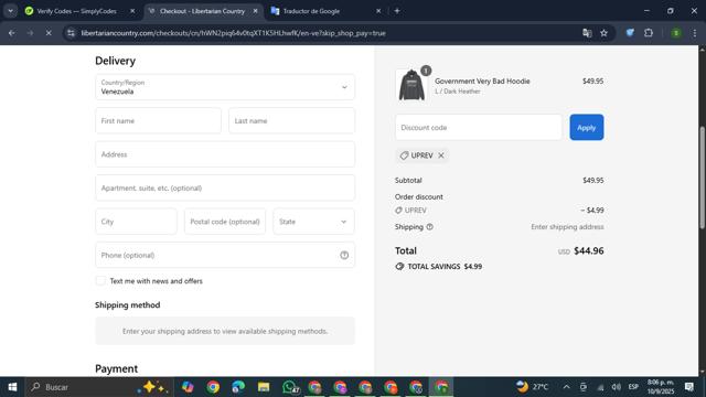 Libertarian Country checkout page showing Libertarian Country discount code box | Screenshot taken by SimplyCodes community member on Sep 11, 2025