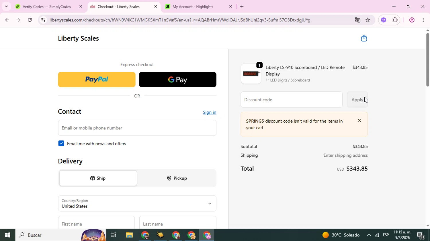 Liberty Scales  promo code screenshot showing code SPRING5 applied at Liberty Scales  checkout page. Uploaded by SimplyCodes community member TokenAce5969 on Mar 5, 2026